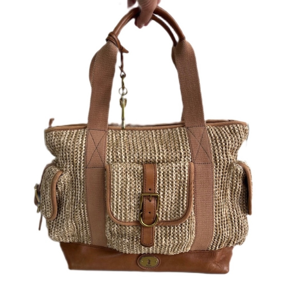 Fossil | Overnight Leather & Straw Tote Bag